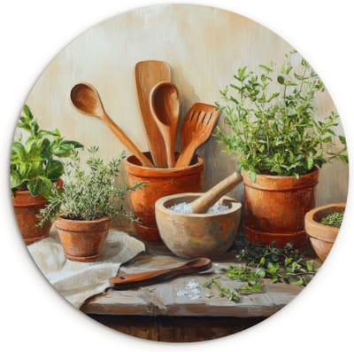 WallCircle® Wandcirkel 30x30 cm - Muurcirkel Potten - Kruiden - Hout - Muurdecoratie woonkamer - Wanddecoratie keuken - Kamer decoratie accessoires - Ronde schilderijen