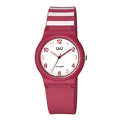 Q&Q V06A-005VY - Horloge - Sport - Analoog - Dames - Vrouwen - Plastic band - Rond - Kunststof - Cijfers - Rood - Strepen - Wit - 10 ATM