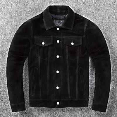 Tweekleurige Suede Koeienhuid Leren Jas Heren Denim Motorfiets Leren Jas Slim-fit Jas 4XL black