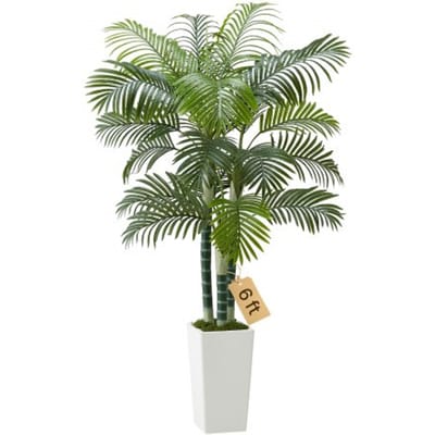 VEVOR Kunst Areca Palmboom, 1,8 m Kunstmatige Tropische Palmplanten met Witte Hoge Plantenbak, Kunstzijden Plant in Pot, Nepboom voor Veranda's, Woonkamers, Patio's, Huis, Kantoor