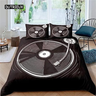 Muziek Beddengoed Set Vintage Blues Dekbedovertrek Old School Gitaar Platen Dekbedovertrek met 2 Kussenslopen Queen Size Kamerdecoratie EU single(135x200cm)