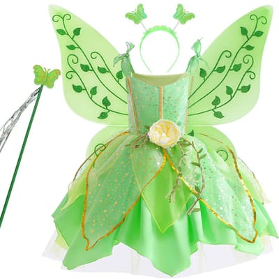 Elf Film Tinkerbell Meisjes Speel Fee Jurk Groene Salopette Rok Met Vleugels en Bloem Kerstcadeau voor Meisjes 4T(tag 120) beige