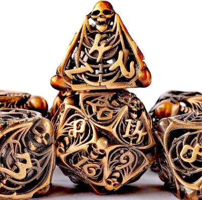Metalen Dobbelstenen - RPG Dobbelstenen - Rollenspellen - Hol Schedel Ontwerp - 7 Stuks Set - Oud Brons