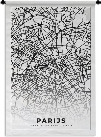 Wandkleed - Wanddoek - Parijs - Stadskaart - Zwart Wit - Plattegrond - Kaart - 120x180 cm - Wandtapijt