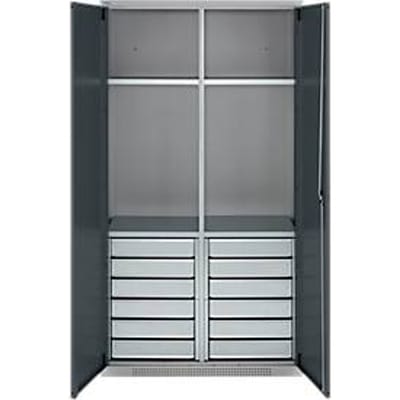 Schäfer Shop Genius materiaalkast FS, 5 OH, afsluitbaar, 4 legborden/12 laden, tot 450 kg, B 1055 x D 520 x H 1950 mm, staal, witaluminium/antracietgrijs