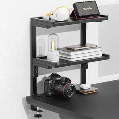 Bureauplank Organizer met 2 Tiers - Houten Opbergrek voor Buro Accessoires - Zwart