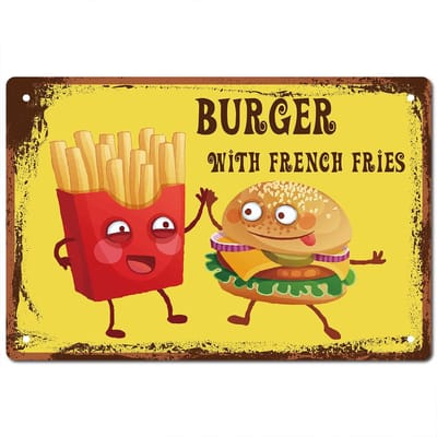 Allecto - Tinnen borden - Vintage muurdecoratie - Bruin - Hamburger met frietjes - Decoratie voor keuken en café - 30,5 x 20,2 cm