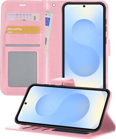 Hoesje - Geschikt voor Samsung Galaxy S25 - Luxe Bookcase - Walletcase Hoes - Portemonnee - Cover - Telefoonhoes - Lichtroze
