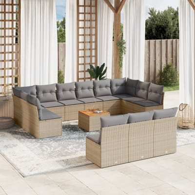 vidaXL - 14-delige - Loungeset - met - kussens - poly - rattan - gemengd - beige