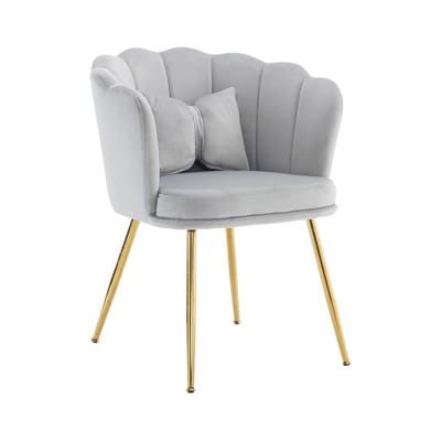 YEHTOKHOME Velvet Eetkamerstoel met armleuning, Bureaustoel, Make-upstoel, Ergonomisch, Fauteuil, Fluwelen stoel met bloemblad-rugleuning, Vergulde metalen poten, Vlinderkussens, Grijs