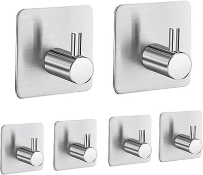 Famanu – Handdoekhaken - 6 stuks - zelfklevend - wandhaken - kleefhaken - zonder boren - van roestvrij staal - ideaal voor badkamer - toilet - keuken - kantoor (zilver)