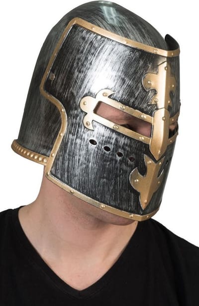 Carnaval verkleed Ridder helm - volwassenen - grijs met goud - kunststof - ridderpak accessoires