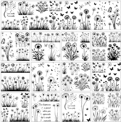 Dailygoods- Transferstickers 12 vellen - Minimalisme-thema - Paardebloemen/Vlinders - Bloemen voor thuis/klaslokaal - Ambachten - 12 x 13 cm - Decoratiestickers