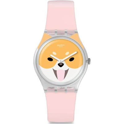 Swatch Série Originals Mouvement Quartz Akita Joueuse Montre Mignonne 34 mm Cadran Jaune Boîtier en Plastique Bracelet en Silicone Montres Unisexes GE279 Pink white