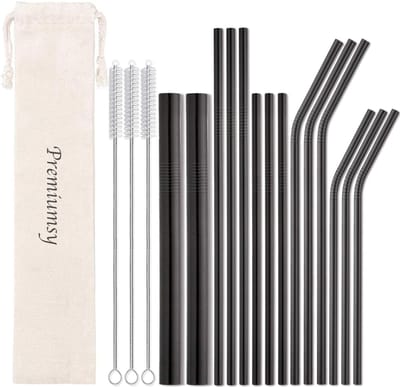 Premiumsy 14x Herbruikbare Metalen Rietjes - Verschillende Maten - Duurzame Rietjes Herbruikbaar - Ijzeren Rietjes - RVS Rietjes - Geschikt voor Smoothies en Cocktails - Zwart