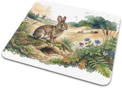 Muismat "Aquarel Series" Duinlandschap met Konijn bij Holletje & Bosviooltjes - Schattige Dieren Illustratie voor Laptop & PC - Verrassend Cadeau voor haar: Vrouw, Vriendin & Collega - Botanisch Bureau Accessoire