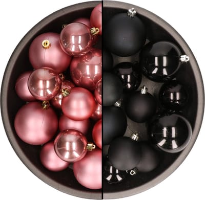 Kerstversiering kunststof kerstballen kleuren mix zwart/oud roze 4-6-8 cm pakket van 68x stuks