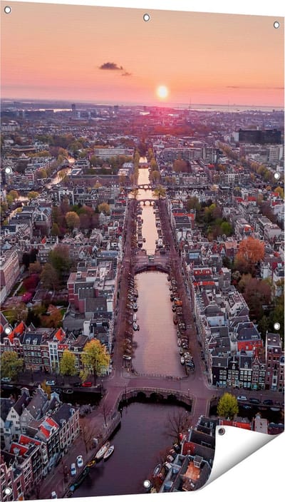 Gards Tuinposter Bovenaanzicht Amsterdam met Zonsondergang - 80x120 cm - Tuindoek - Tuindecoratie - Wanddecoratie buiten - Tuinschilderij