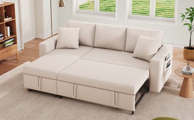 Slaapbank - Met Slaapfunctie En Opbergruimte - L-Vorm Bank Met Verplaatsbare Chaise Longue - Beige - Inclusief 2 Kussens En Opbergzakken