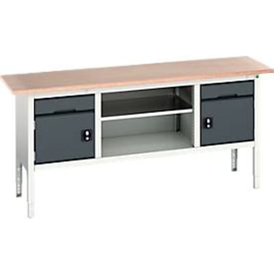 Bott verso werkbank in boxmodel, multiplexplaat, 2 laden, 2 deuren, 1 legplank, B 2000 x D 600 x H 830 - 930 mm, lichtgrijs / antracietgrijs
