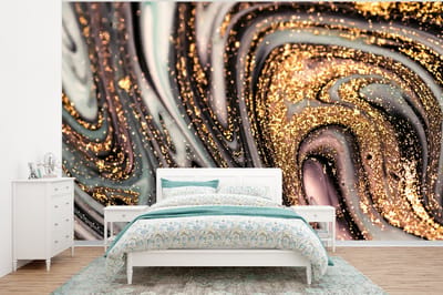 Behang - Fotobehang Marmerlook - Goud - Glitter - Luxe - Marmer - Wit - Breedte 320 cm x hoogte 240 cm