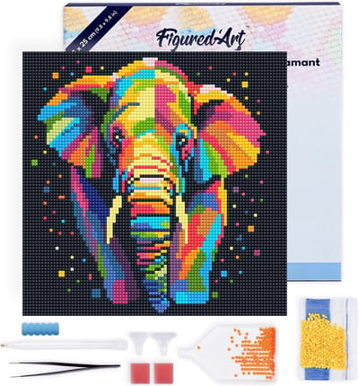 Figured'Art Mini Diamond Painting set Volwassenen 25x25 cm met lijst Olifant Abstracte Pop-Art - 5D DIY Art full drill ronde diamant - Canvas al ingelijst