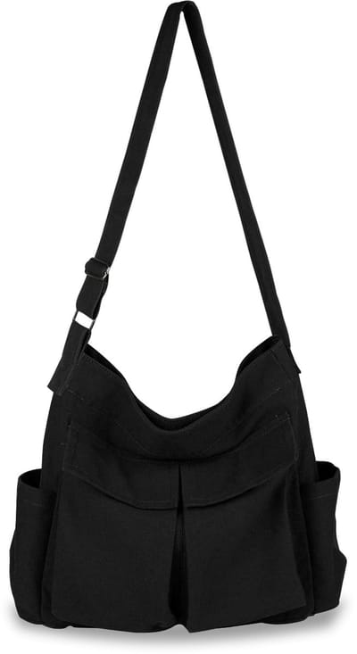 longziming -Canvas Crossbody Tas – Ruime Schoudertas met Meerdere Vakken en Verstelbare Riem – Uniseks Messengerbag voor Werk, Studie & Reizen – 40x34x15 cm – Zwart