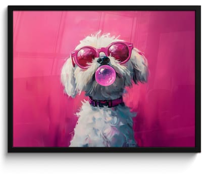 Poster in lijst - Fotolijst 70x50 cm - Posters - Pink - Hond - Bubbel - Posterlijst zwart - Decoratie - Wanddecoratie woonkamer - Muurdecoratie slaapkamer
