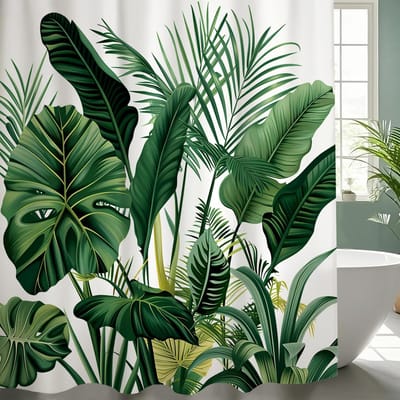 Famanu – Douchegordijn tropische bladeren groen 180 x 200 cm – wasbaar polyester + 12 haken