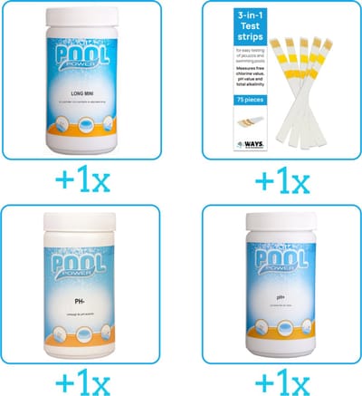 Zwembad Onderhoudspakket - Onderhoud Zwembad - bevat Chloor - Testrips - PH-min en PH-plus (4-delig)