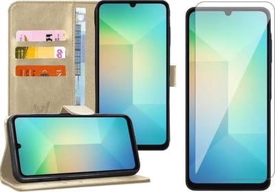 Hoesje geschikt voor Samsung Galaxy A06 - Screenprotector Glas - Portemonnee Book Case Goud