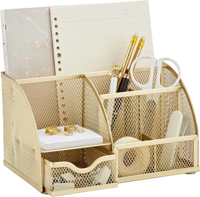 Mesh Desk Organizer Office with 7 Compartments (Gold)