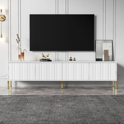 Pugsdrly Witte tv-kast, 190 cm lang x 38 cm breed x 48 cm hoog, gouden tafelpoten, gegroefd deurontwerp