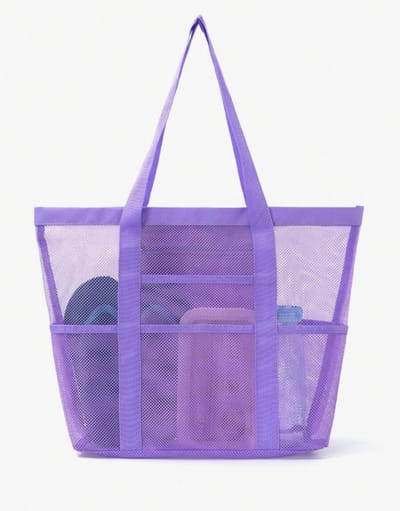 Grote Paarse Mesh Strandtas – 44×34×12 cm – Meerdere Vakken – Lichtgewicht & Sneldrogend – Ideaal voor Strand, Zwembad & Vakantie - Strandtas van Hoge Kwaliteit - 9 Vakken & Groot Draagvermogen