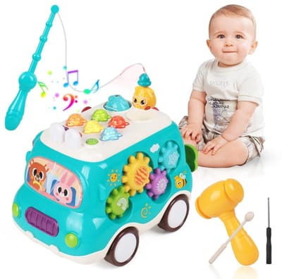Baby Montessori muzikaal speelgoed met geluid en licht: xylofoon, hamer, visspel, windmolen, sensorisch leerspeelgoed in de vorm van een bus voor kinderen van 1-3 jaar.
