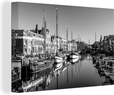 Canvas schilderij 140x90 cm - Wanddecoratie De Delfshaven in Rotterdam - zwart wit - Muurdecoratie woonkamer - Slaapkamer decoratie - Kamer accessoires - Schilderijen