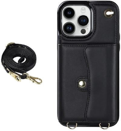 Hoesje geschikt voor iPhone 16e - Backcover - Koord - Pasjeshouder - Portemonnee - Kunstleer - Zwart
