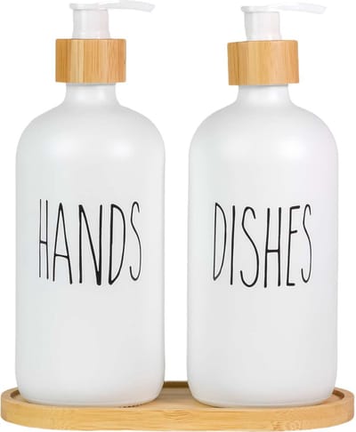 Intirilife 3-delige Glazen Zeepdispenser Set in Wit met Bamboe Dienblad - Inhoud van 500 ml - 17.5 x 8.8 x 20.6 cm - 2 pompflessen voor zeep en afwasmiddel