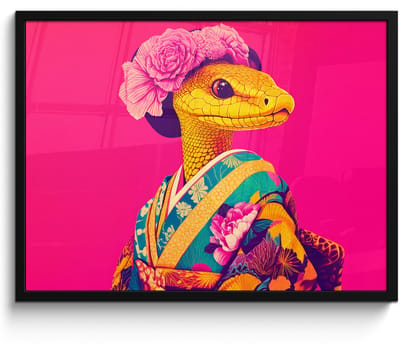 Poster in lijst - Fotolijst 70x50 cm - Posters - Hagedis - Bloemen - Roze - Kimono - Posterlijst zwart - Decoratie - Wanddecoratie woonkamer - Muurdecoratie slaapkamer