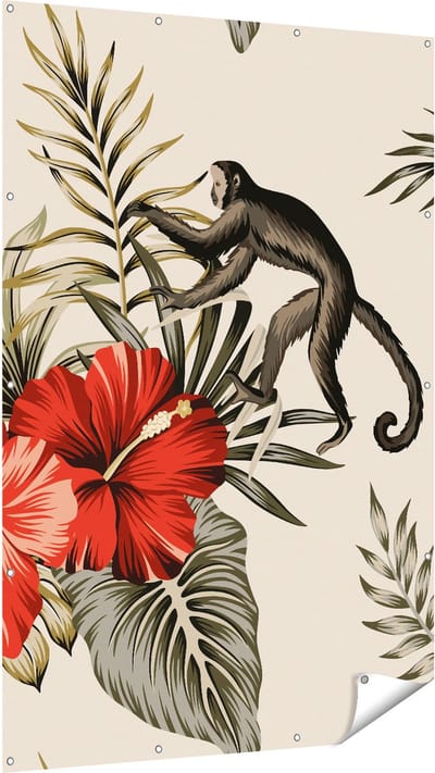 Gards Tuinposter Tropische Bloemen met Apen Achtergrond - 120x180 cm - Tuindoek - Tuindecoratie - Wanddecoratie buiten - Tuinschilderij