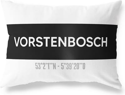 Tuinkussen VORSTENBOSCH - NOORD-BRABANT met coördinaten - Buitenkussen - Bootkussen - Weerbestendig - Jouw Plaats - Studio216 - Modern - Zwart-Wit - 50x30cm