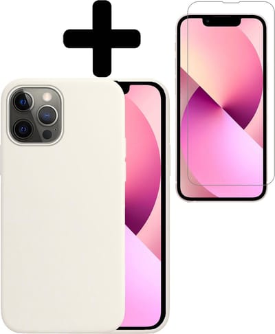 Hoesje - Met Screenprotector - Geschikt voor Apple iPhone 13 Pro - Sterk & Shockproof - Back Cover - Siliconen Case - Telefoon Hoes - Telefoonhoesjes - Wit