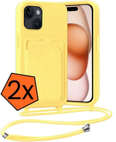 Hoesje Geschikt voor iPhone 15 Plus Hoesje Met Telefoonketting Pasjeshouder Case Koord - Hoesje Geschikt voor iPhone 15 Plus Hoes Met Kaarthouder - Geel - 2 PACK