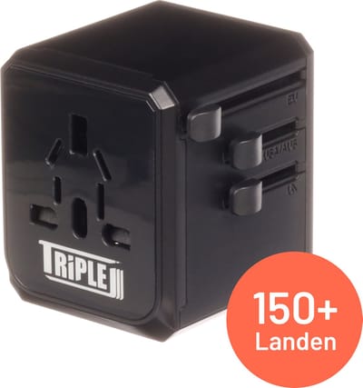 Triple J® Universele Wereldstekker – Internationale Reisstekker – 150+ Landen - Zwart