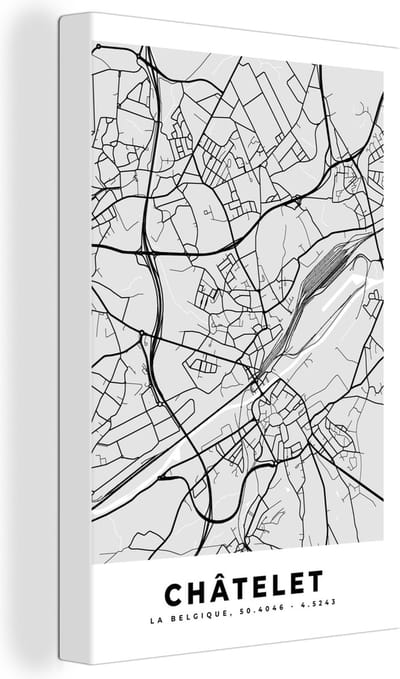 Canvas Schilderij België – Châtelet – Stadskaart – Kaart – Zwart Wit – Plattegrond - 20x30 cm - Wanddecoratie