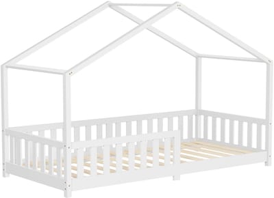 Kinderbed Huisbed 90x200 cm wit gemaakt van dennenhout Houten bed met dak en lattenbodem ML design