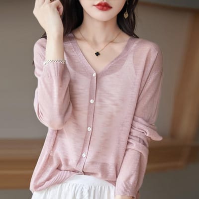 Katoenen cardigan met bamboeknoop V-hals voor dames voor de zomer Trui Dun Los en Veelzijdig Zonbescherming Eenvoudig en Sfeervol Topjasje M gray