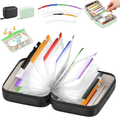 Namajunas - Pillendoosjes - A8 waterdicht pillenzakje-set - Weekplanner met 14 kleurgecodeerde medicatiezakjes - Herbruikbare - 7–14-daagse reispilorganizer - Draagbare Ringband & Ritsontwerp - Pillendoos - Zwart