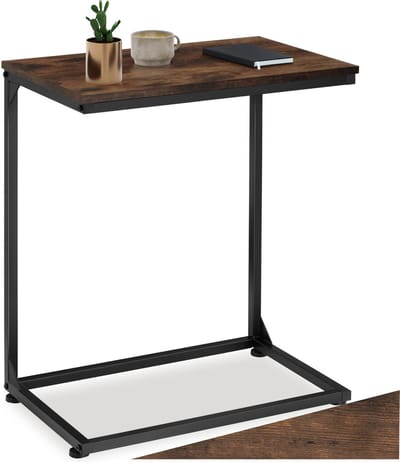 tectake® C-Vormige Bijzettafel van Hout en Metaal – Industriële Stijl, Vintage Laptoptafel voor Bed of Bank, 55,5x35x67 cm, Zwart Metalen Frame – Industrial Dark Brown