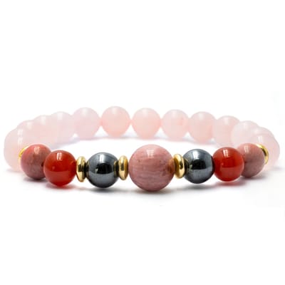 Bixorp Gems Rozenkwarts + Carneool + Hematiet + Rhodochrosiet Edelstenen Armband - 8mm / 18cm - Quadruple Gemstone - Handgemaakte Edelsteen Armband